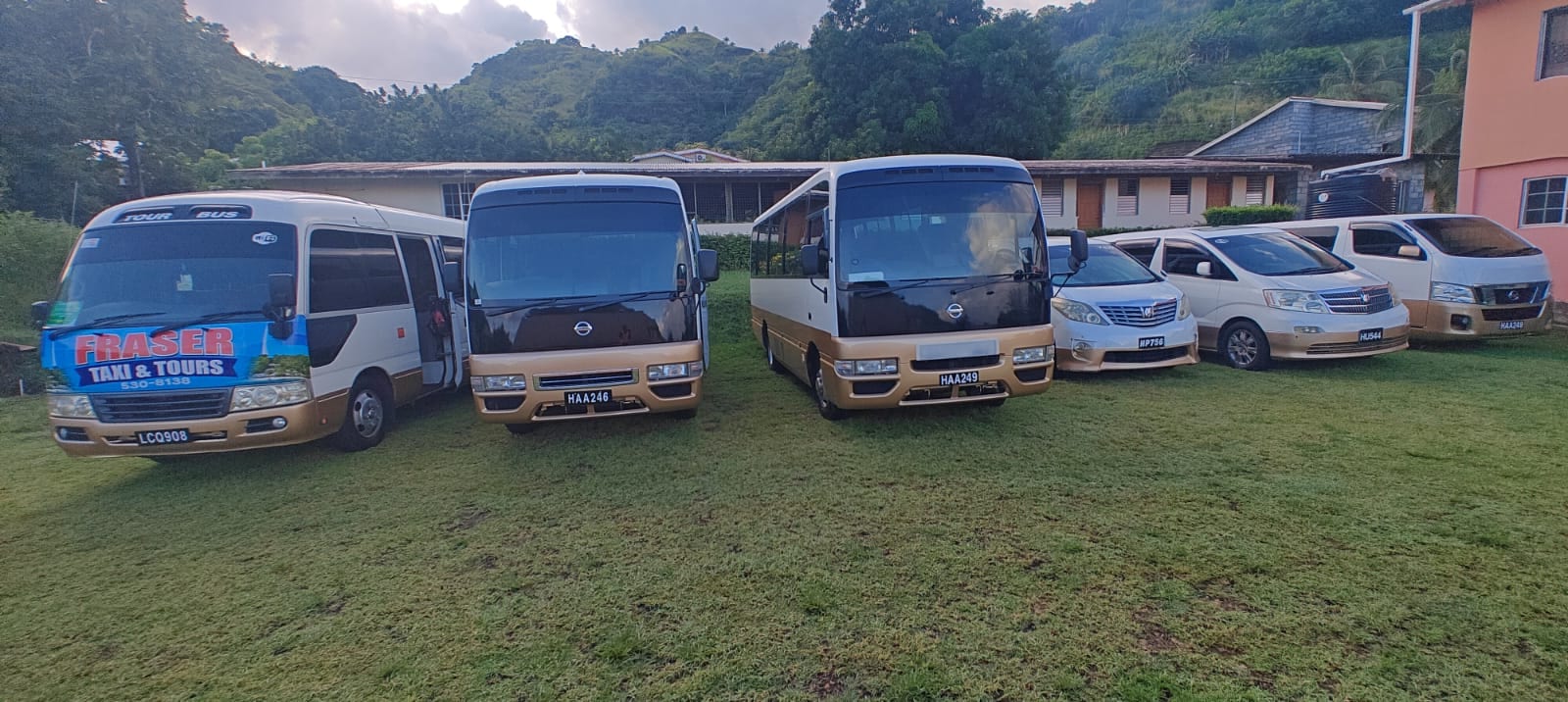 Fraser Taxi & Tours full fleet - three Toyota Coaster tour buses, two Alphard private vans, and an SUV - lined up at the property in Keartons